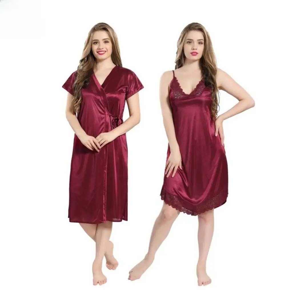 Fancyra Women Set Of 2 Satin Solid Knee Length Sleepwear Nighty With Robe