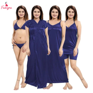 Fancyra Women Set Of 4 Night dress Night Wear Solid Satin Nighty Gown
