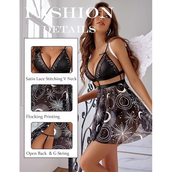Fancyra Women Sexy Lace Babydoll V Neck Teddy Open Back Lingerie Mesh Nightdress - Image 2