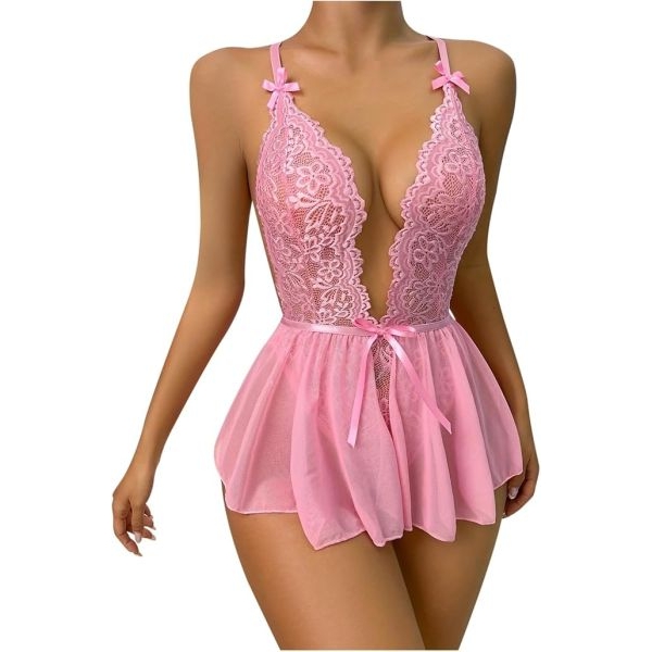 Fancyra Women Sexy Lace Flare Bodysuit Deep V Neck One Piece Babydoll Lingerie - Image 4
