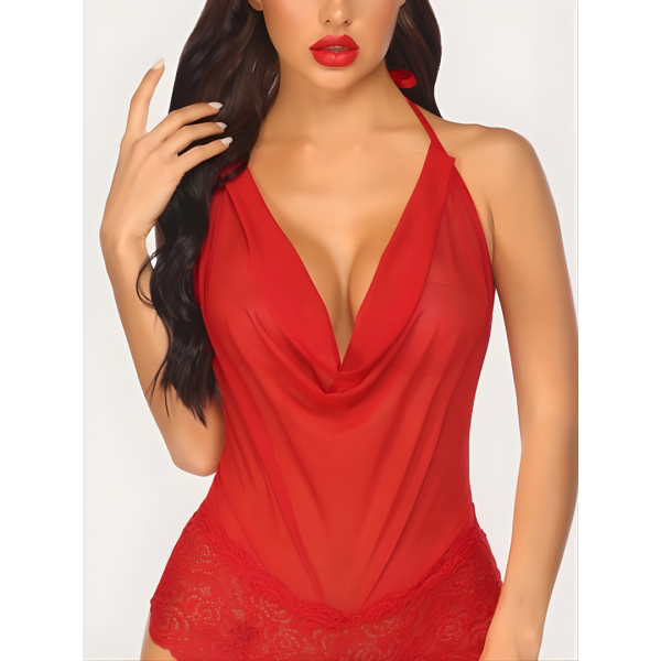 Fancyra Women Sexynightwear Lingerie Teddy One Piece Lace Halter Sleepwear Babydoll Bodysuit Free Size Red Color - Image 2