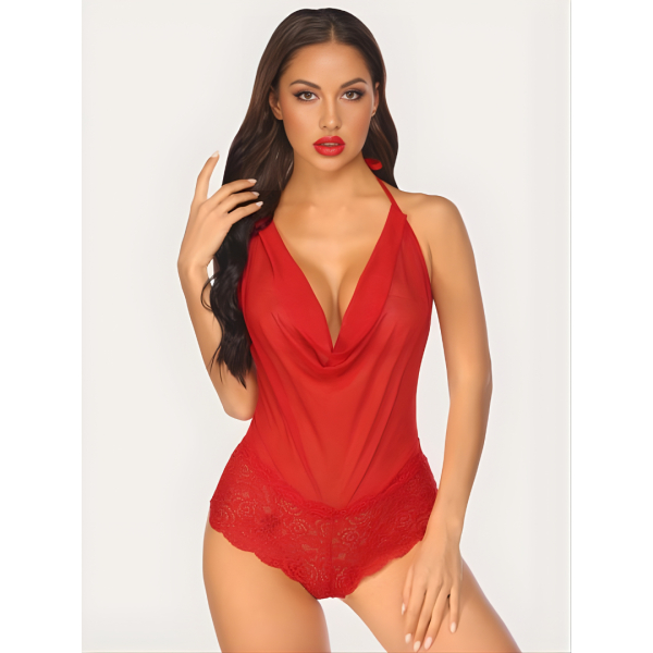 Fancyra Women Sexynightwear Lingerie Teddy One Piece Lace Halter Sleepwear Babydoll Bodysuit Free Size Red Color - Image 4