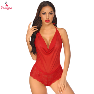 Fancyra Women Sexynightwear Lingerie Teddy One Piece Lace Halter Sleepwear Babydoll Bodysuit Free Size Red Color