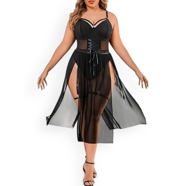 Fancyra Women Sheer Hot Corset-Style Nightwear High Slit Bodysuit Lingerie - Image 4