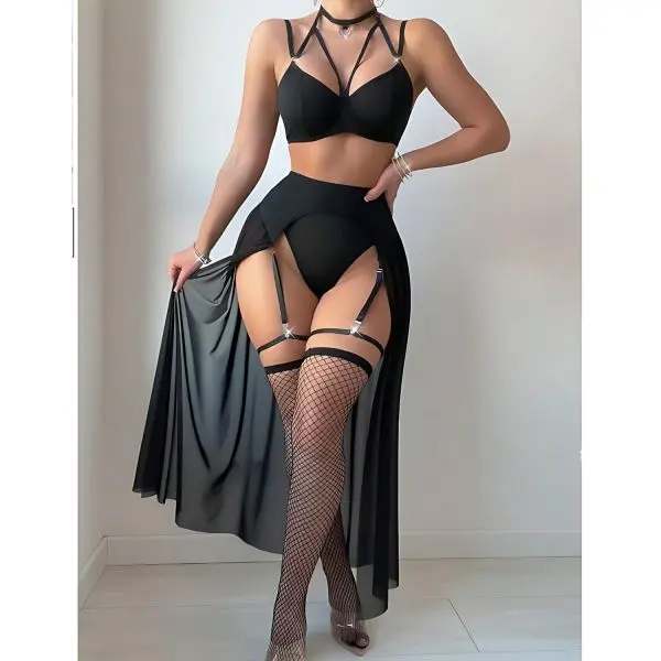 Fancyra Women Sheer Long Skirt & Strappy Bra with Adjustable Suspender Straps Garter Lingerie Set - Image 3