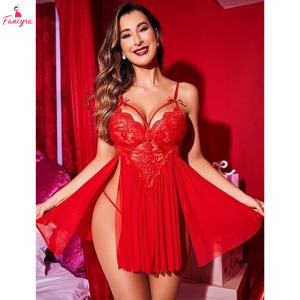 Fancyra Women Sheer Mesh Lace Side Slit Nighty Babydoll Lingerie