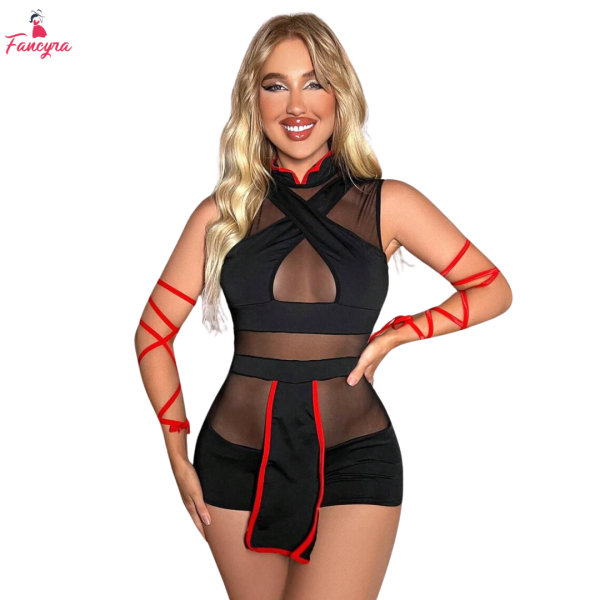 Fancyra Women Sheer Mesh Lingerie Set with Crisscross Bodice and Arm Wraps - Image 2