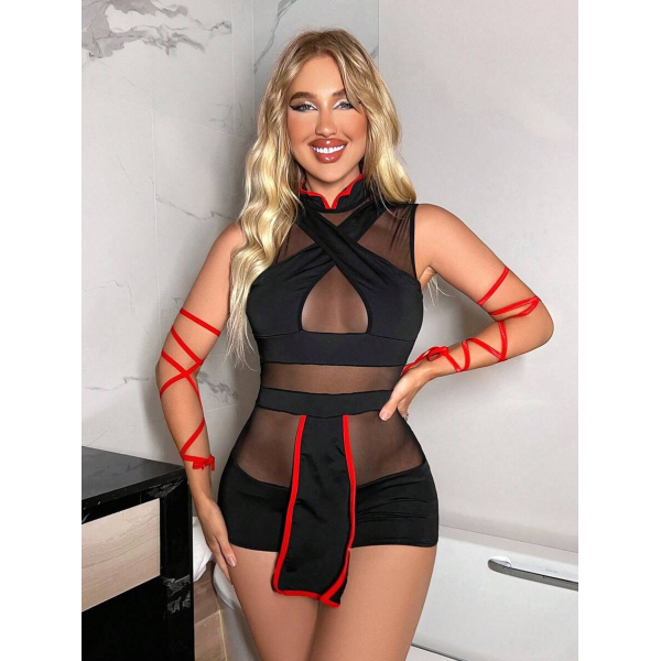 Fancyra Women Sheer Mesh Lingerie Set with Crisscross Bodice and Arm Wraps - Image 3