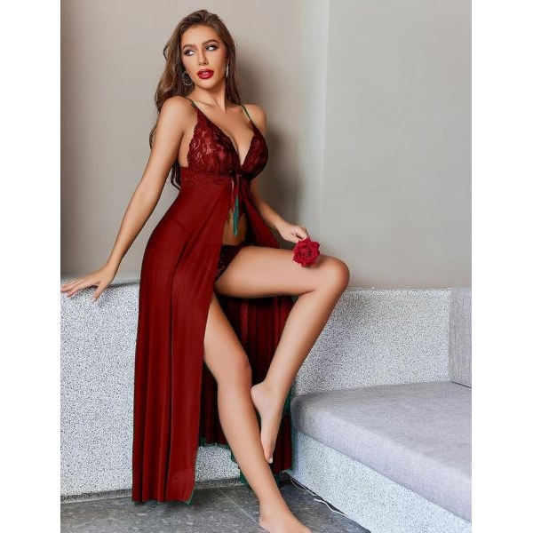 Fancyra Women Sheer Mesh Open Front Long Babydoll Lingerie with G String Panty - Image 4