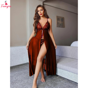 Fancyra Women Sheer Mesh Open Front Long Babydoll Lingerie with G String Panty