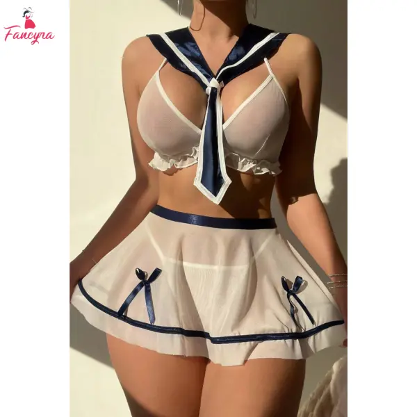 Fancyra Women Sheer Mesh Roleplay Cosplay Sailor Style Transparent Babydoll Lingerie Set