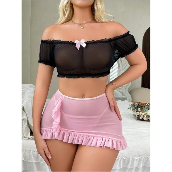 Fancyra Women Sheer Mesh Soft Net Off Shoulder Top & Ruffle Skirt Lingerie Set - Image 4