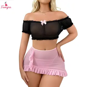 Fancyra Women Sheer Mesh Soft Net Off Shoulder Top & Ruffle Skirt Lingerie Set
