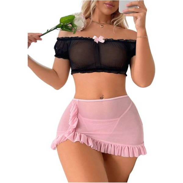 Fancyra Women Sheer Mesh Soft Net Off Shoulder Top & Ruffle Skirt Lingerie Set - Image 5
