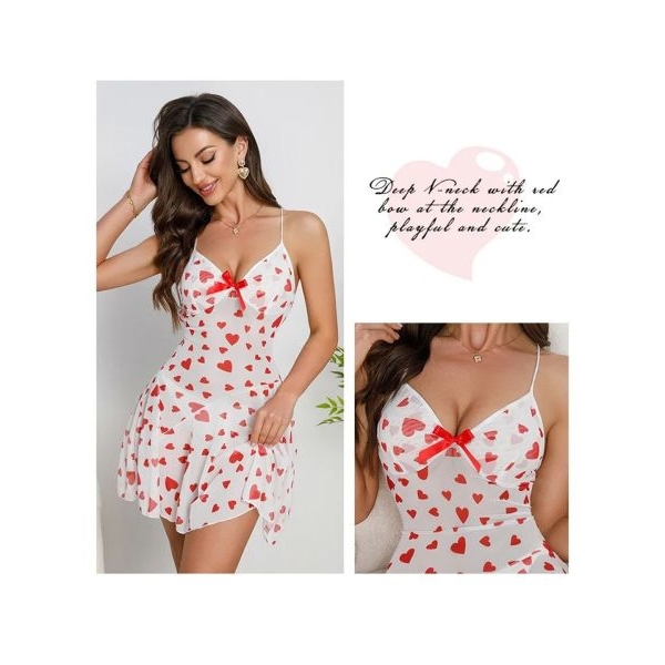 Fancyra Women Sheer Mesh Transparent Heart Print Babydoll Nightwear Dress - Image 2