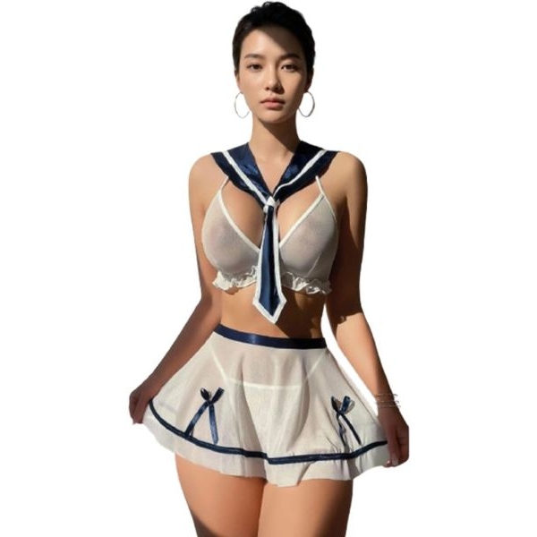 Fancyra Women Sheer Mesh Transparent Sailor Style Roleplay Babydoll Lingerie Set - Image 2
