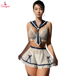 Fancyra Women Sheer Mesh Transparent Sailor Style Roleplay Babydoll Lingerie Set
