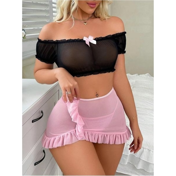 Fancyra Women Sheer Off Shoulder Crop Top with Mini Skirt, Romantic Transparent Nightwear - Image 3