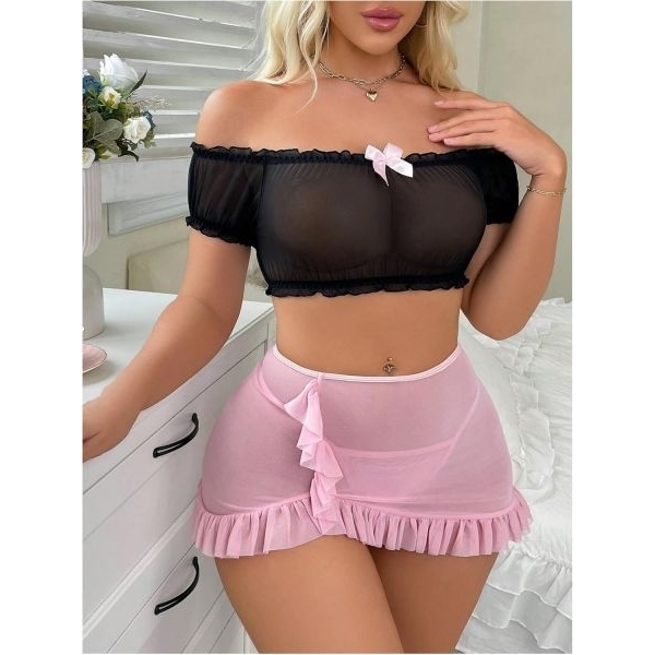Fancyra Women Sheer Off Shoulder Crop Top with Mini Skirt, Romantic Transparent Nightwear - Image 4