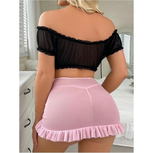 Fancyra Women Sheer Off Shoulder Crop Top with Mini Skirt, Romantic Transparent Nightwear - Image 5
