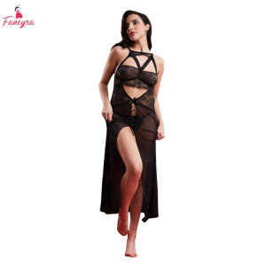 Fancyra Women Sheer Self Design Long Nightwear Baby Doll Lingerie