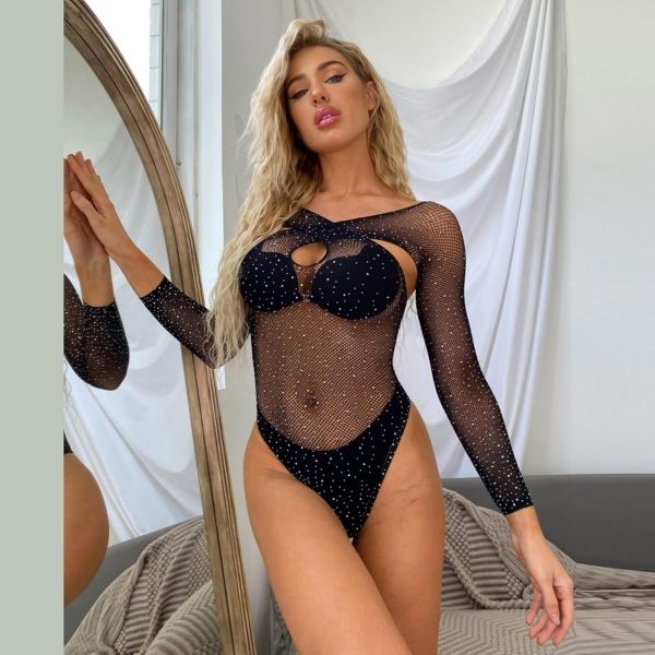 Fancyra Women Shiny Rhinestone Mesh Long Sleeves Pantyhose Bodystocking Lingerie - Image 3