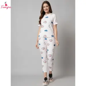 Fancyra Women Short Sleeve Printed T-Shirt & Joggers Pajama Set