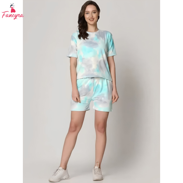 Fancyra Women Short Sleeves Printed T-shirt & Shorts Pajama Nightwear Set - Image 2