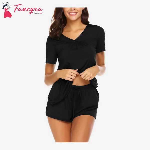 Fancyra Women Shorts Pajama Set Short Sleeve Sleepwear Nightwear Free Size Black Color