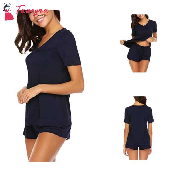 Fancyra Women Shorts Pajama Set Short Sleeve Sleepwear Nightwear Free Size Blue Color