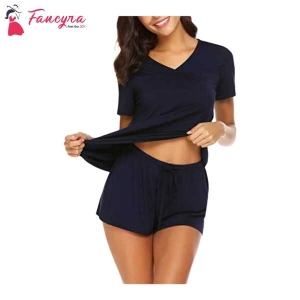 Fancyra Women Shorts Pajama Set Short Sleeve Sleepwear Nightwear Free Size Blue Color