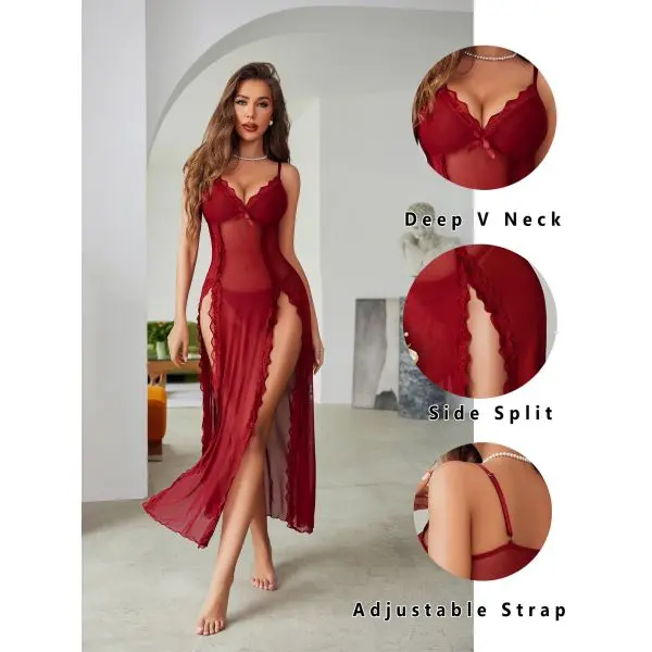 Fancyra Women Side Split Chemise Nightdress Deep V Neck Lingerie Nightwear Long Nightgown - Image 2