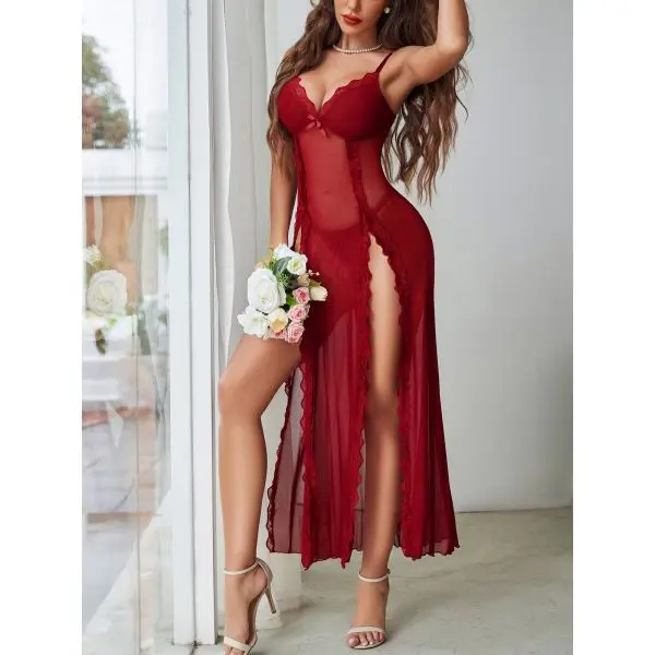 Fancyra Women Side Split Chemise Nightdress Deep V Neck Lingerie Nightwear Long Nightgown - Image 3