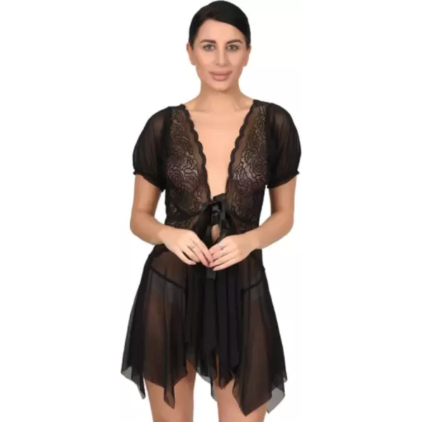 Fancyra Women Sleepwear Chemise Nightgown Full Lace Sling Dress Babydoll Lingerie With G-String Panty Free Size Black Color - Image 3