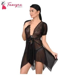 Fancyra Women Sleepwear Chemise Nightgown Full Lace Sling Dress Babydoll Lingerie With G-String Panty Free Size Black Color