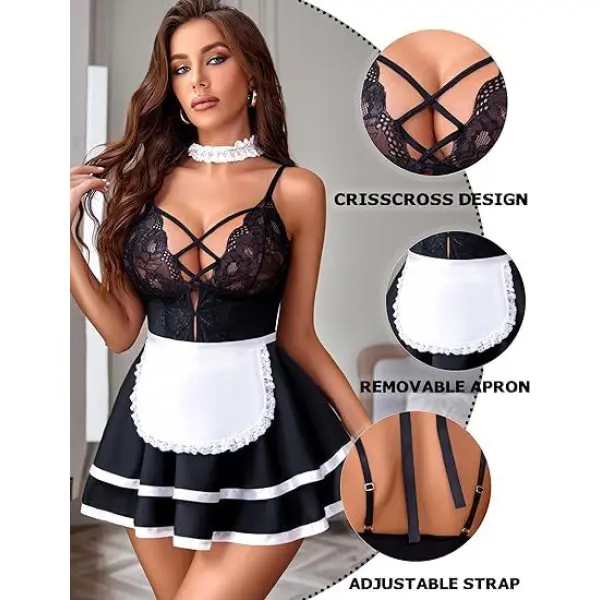 Fancyra Women Sleepwear Honeymoon Babydoll Maid Costume Lingerie Dress Free Size - Image 3