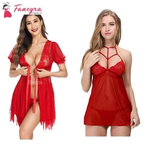 Fancyra Women Sleepwear Nightgown Combo Babydoll Lingerie With G-String Panty Free Size Red Color