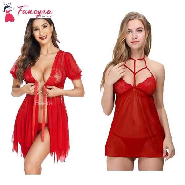 Fancyra Women Sleepwear Nightgown Combo Babydoll Lingerie With G-String Panty Free Size Red Color