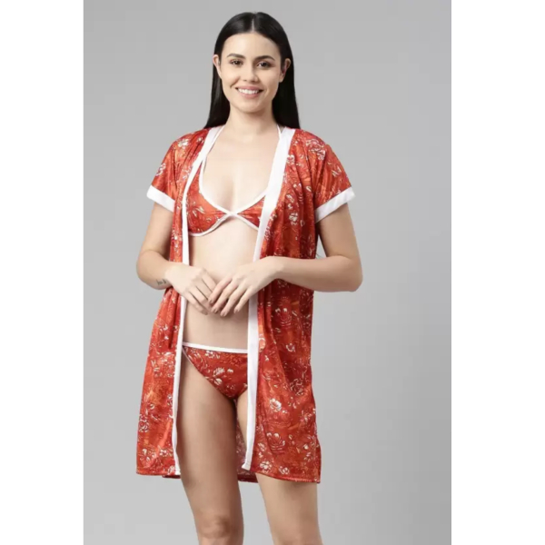 Fancyra Women Sleepwear Nightwear Printed Nighty with Robe Swimwear Bikini Set Free Size - Image 2