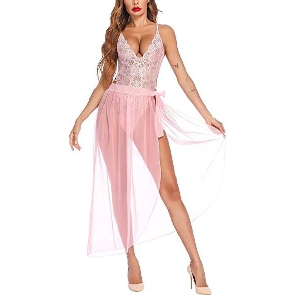 Fancyra Women Sleepwear One Piece Lingerie Deep V Lace Bodysuit Babydoll Lingerie - Image 4