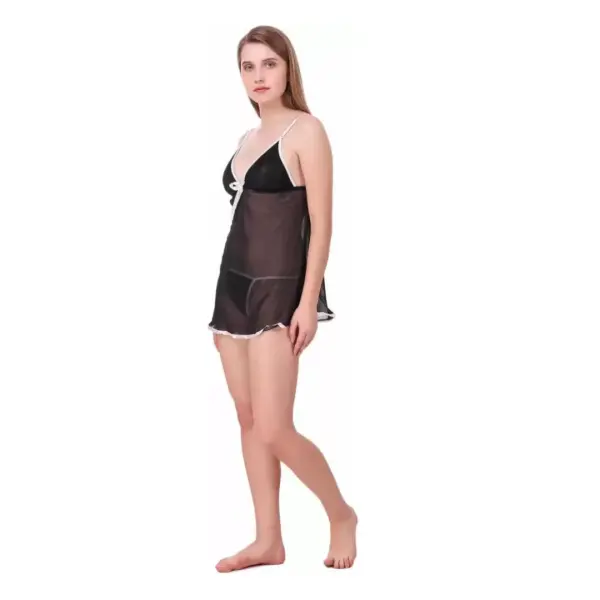 Fancyra Women Sleepwear Polyester & Spandex Above Knee Babydoll Lingerie With G String Panty Free Size Black Color - Image 3