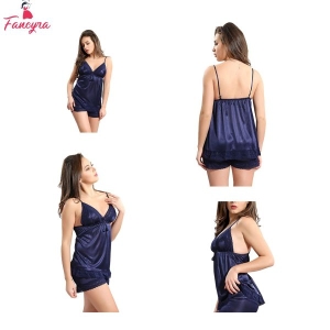Fancyra Women Sleepwear Satin Plain Solid Nightwear Babydoll Lingerie Free Size Navy Blue Color