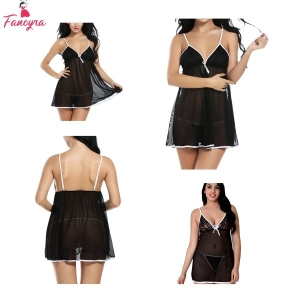 Fancyra Women Soft Net Babydoll Above knee Lingerie With G string Panty Free Size Black Color