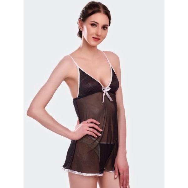 Fancyra Women Soft Net Babydoll Above knee Lingerie With G string Panty Free Size Black Color - Image 5