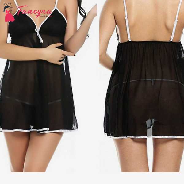 Fancyra Women Soft Net Babydoll Lingerie With G String Panty Free Size Black Color