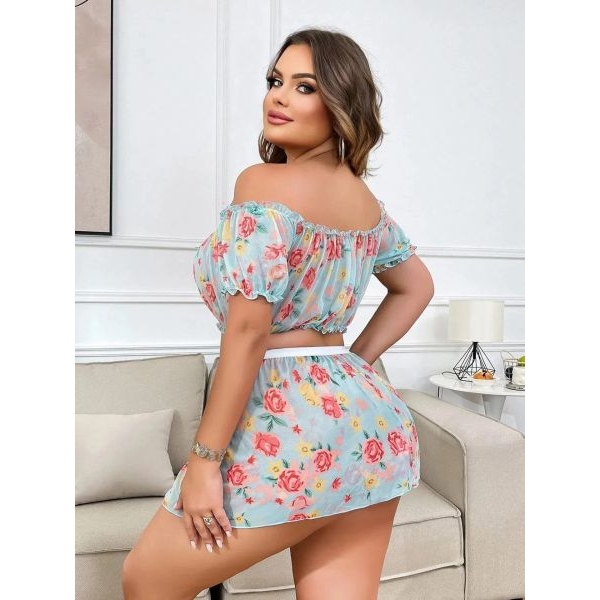 Fancyra Women Soft Net Floral Off-Shoulder Babydoll Lingerie Set - Image 4
