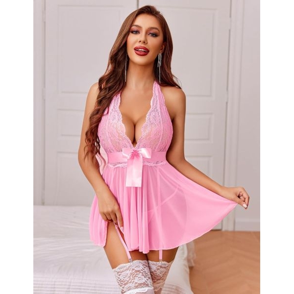 Fancyra Women Soft Net Lace Halter V Neck Chemise Babydoll Lingerie - Image 3