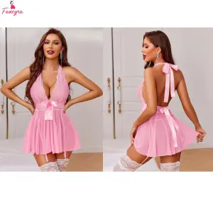 Fancyra Women Soft Net Lace Halter V Neck Chemise Babydoll Lingerie