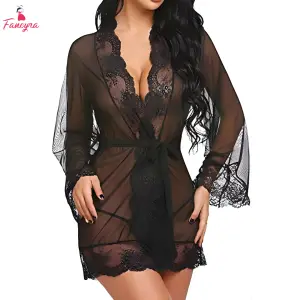 Fancyra Women Soft Net Lace See Through NIghtwear Bathrobe Lingerie