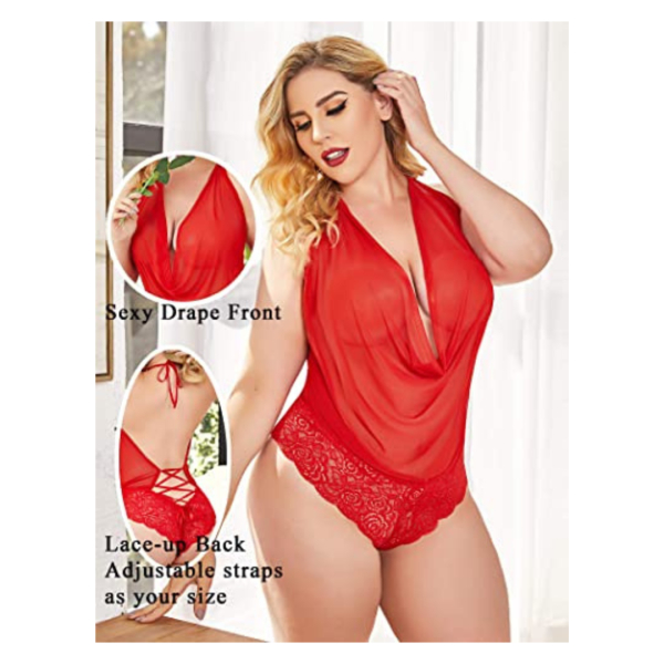 Fancyra Women Soft Net Lingerie Teddy One Piece Lace Halter Bodysuit Free Size Red Color - Image 3